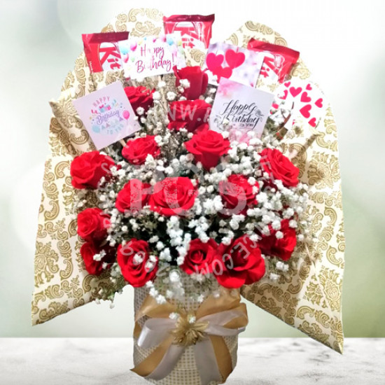 24 Red Roses and Kitkat Birthday Bouquet