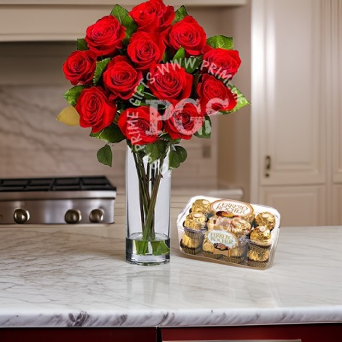 Send 12 Imported Red Roses with Chocolates to Pakistan | PrimeFlowersPK