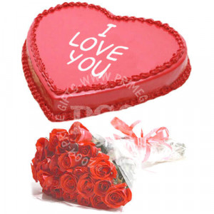 Red Roses with Red Heart Cake Red Roses with Red Heart Cake